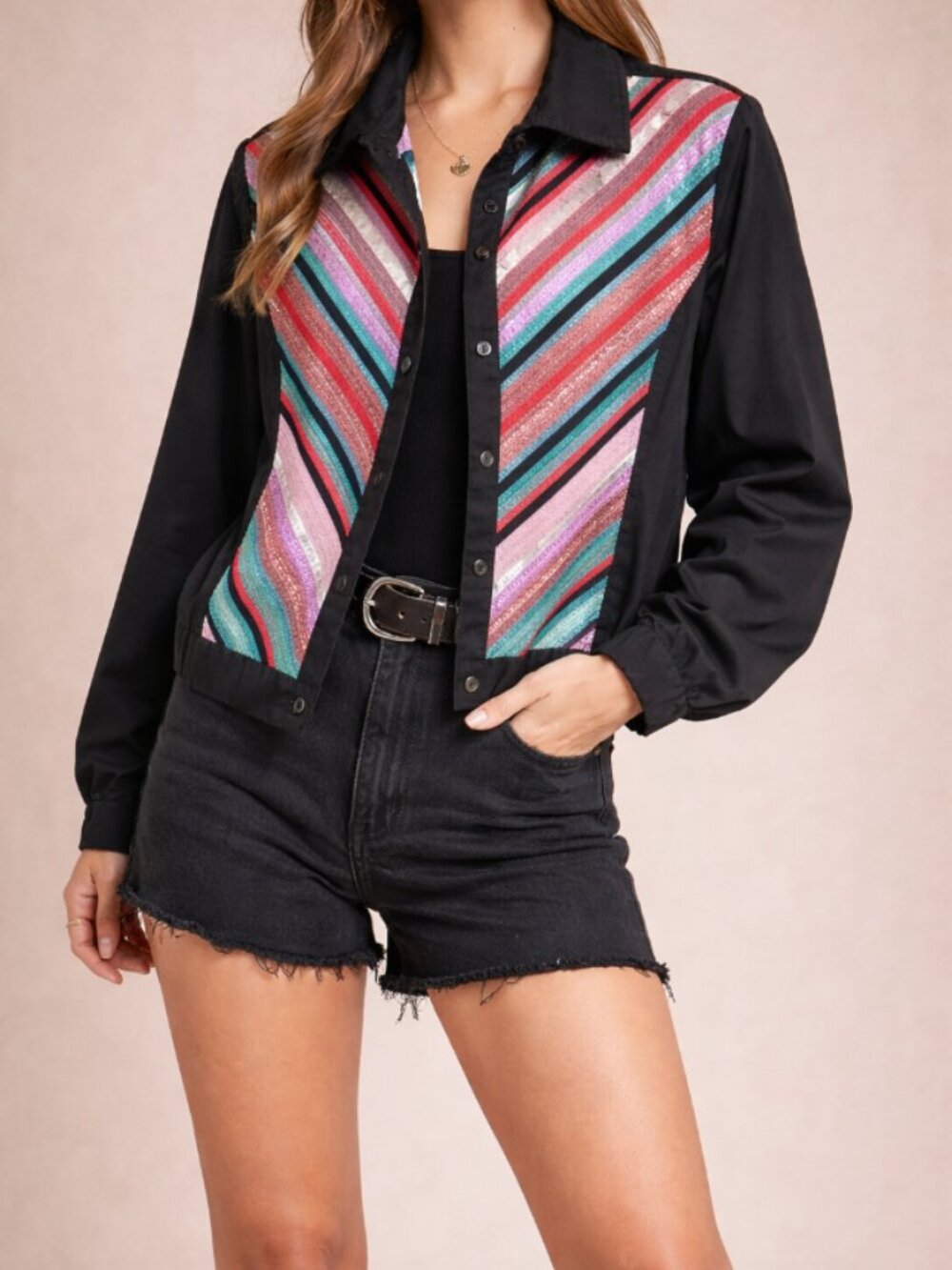 Vintage Multicolor Southwestern Stripe Black Jean Jacket | Boho, Western | Large